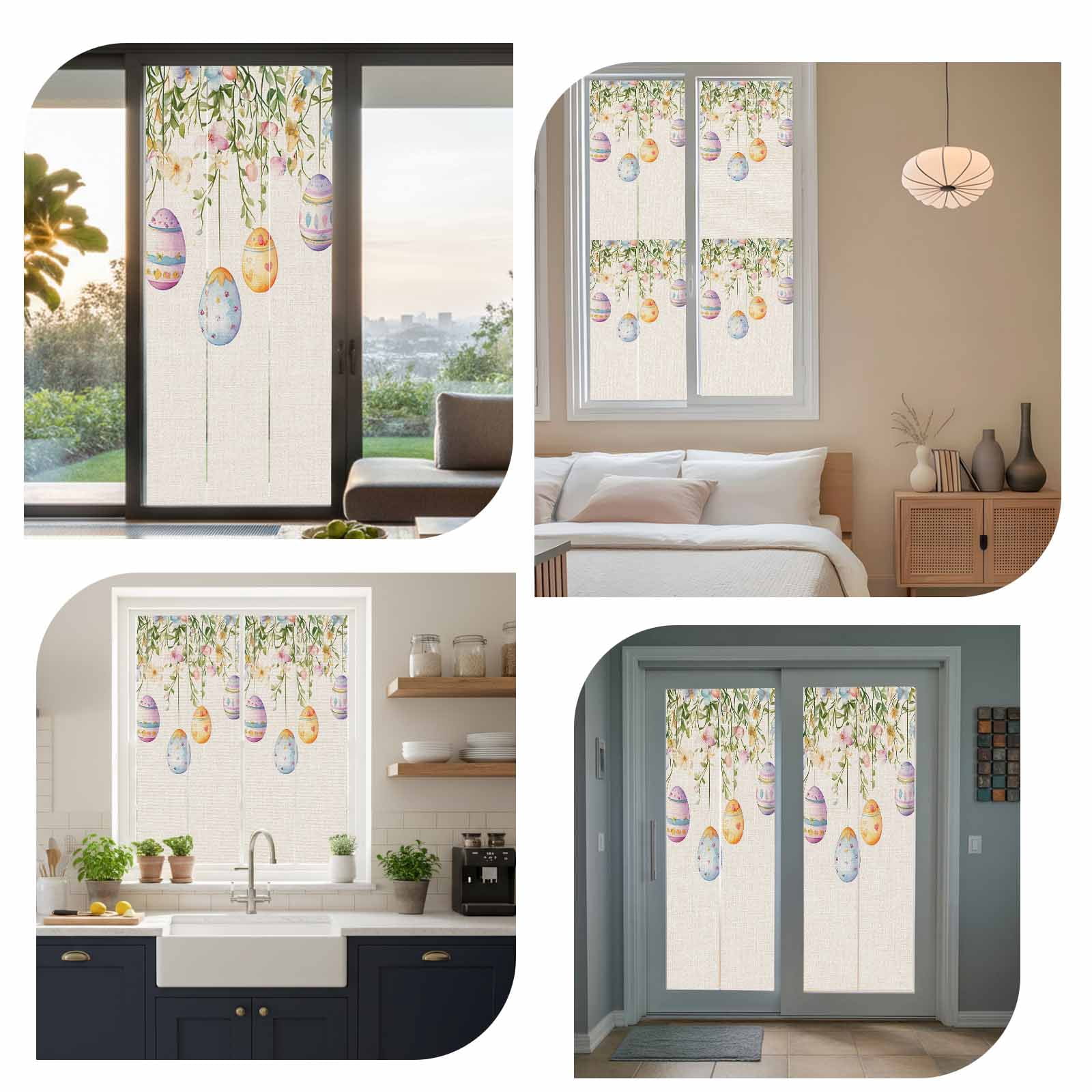 Spring Colorful Window Privacy Film, Easter Eggs Flowers Eucalyptus Leaf Retro Frosted Glass Window Clings Static Cling UV Heat Blocking Reusable Door Sticker for Bathroom 23.6 x 59 Inch