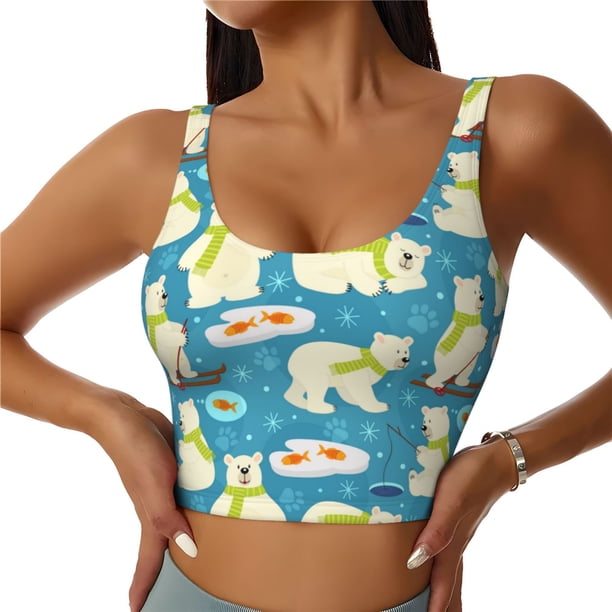 Fotbe Cute Polar Bear Fishing Sujetador Deportivo Largo sin Aros para Mujer con Almohadillas y Soporte Medio, Transpirable y Absorbente, Camiseta Tipo Chaleco o Tank Top-Medium