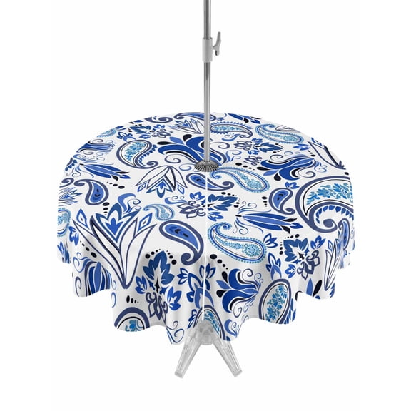Outdoor Tablecloth with Umbrella Hole, Boho Blue Floral Spillproof Waterproof Outdoor Table Cover, Farmhouse Botanical Vintage Paisley Flower Patio Tablecloths for Party/Garden/Picnic, Round 54 inch