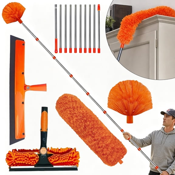 20  Feet High Reach Duster Kit with 3-14 ft Extension Pole, Window Washer & Squeegee, Cobweb Duster, Spider Web Brush, Feather Duster for Outdoor & Indoor Extendable Duster Cleaning Kit