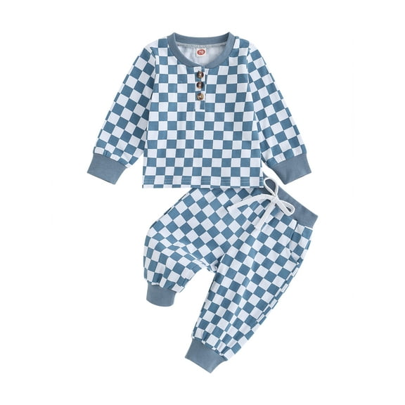Bagilaanoe 2PCS Toddler Baby Boy Long Pants Set Checkerboard Print Long Sleeve Sweatshirt Pullover Tops   Drawstring Sweatpants 6M 12M 18M 24M 3T Kids Casual Sweatsuits