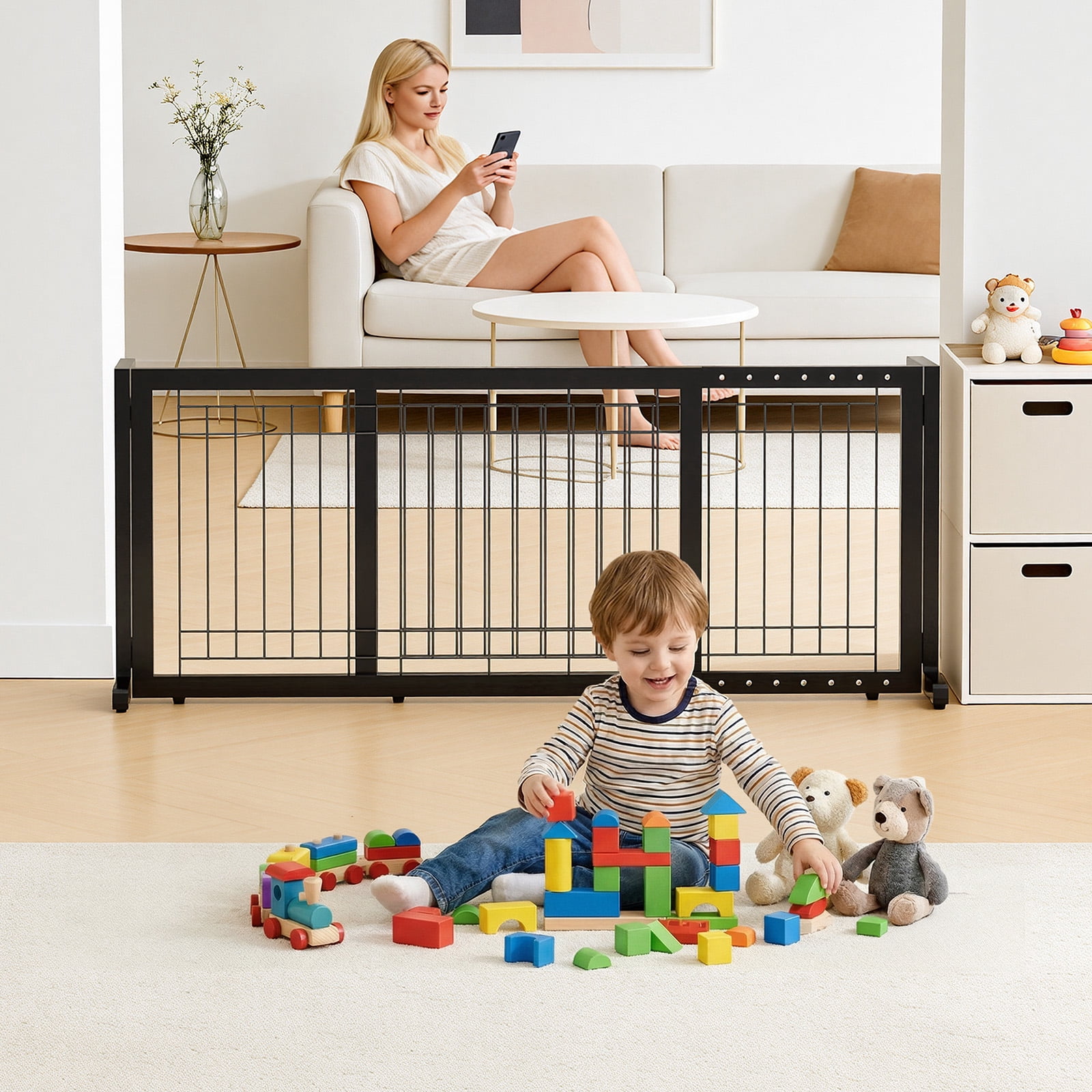 UBesGoo Folding Adjustable Freestanding 2 Panel Metal Dog Slide Gate Baby Safety Fence, no Drilling no Damage, Black