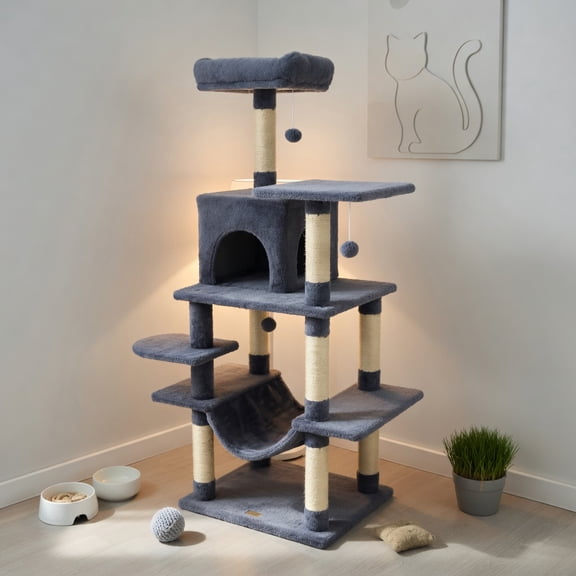 Resenkos 58-Inch Soft Plush Cat Tree Tower with Padded Top Perch, Grey