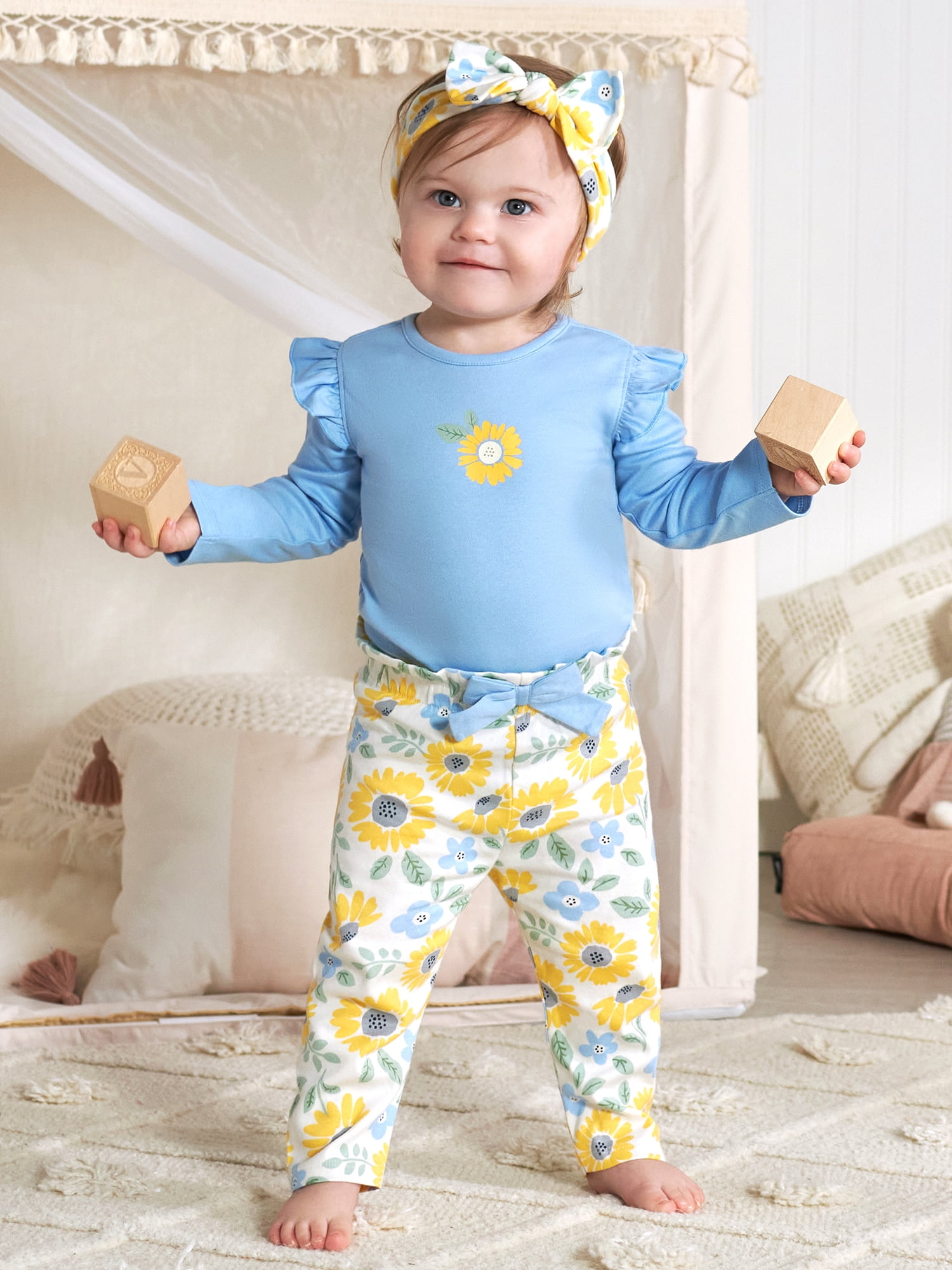 Gerber Baby Girl Long Sleeve Onesies Bodysuit, Pant & Headband Outfit Set, 3-Piece, (Newborn - 18 Months)