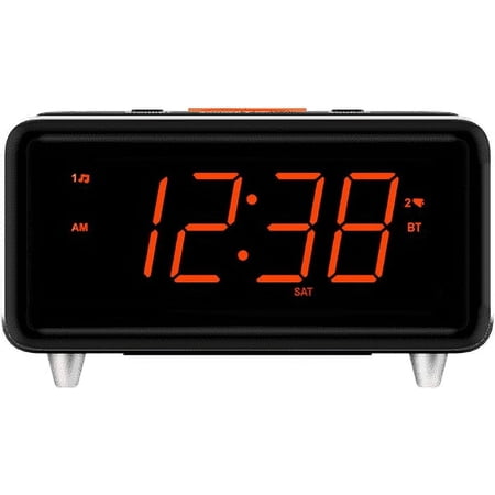 PYAN-CKS1521 SmartSet Bluetooth Dual Alarm Clock Radio with 1.4” Orange LED Display, USB Charger, FM Radio, AUX Input, Auto-Dimmer, and Orange Accent Light