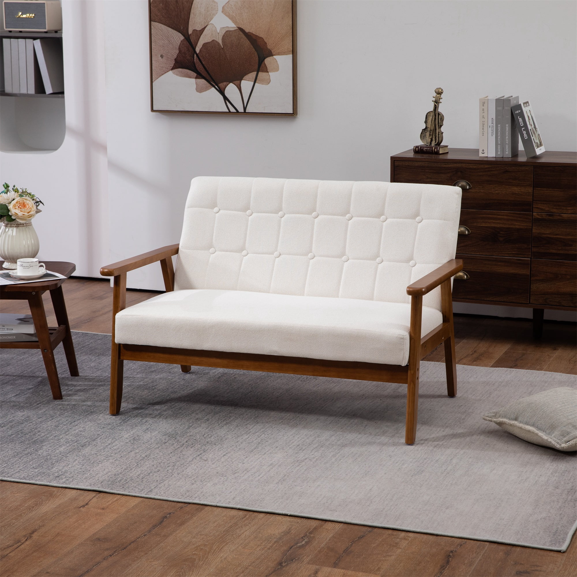 Miniyam Mid Century Modern Loveseat,2-Seat Linen Fabric Upholstered,Reading Couch,Accent Sofa,White