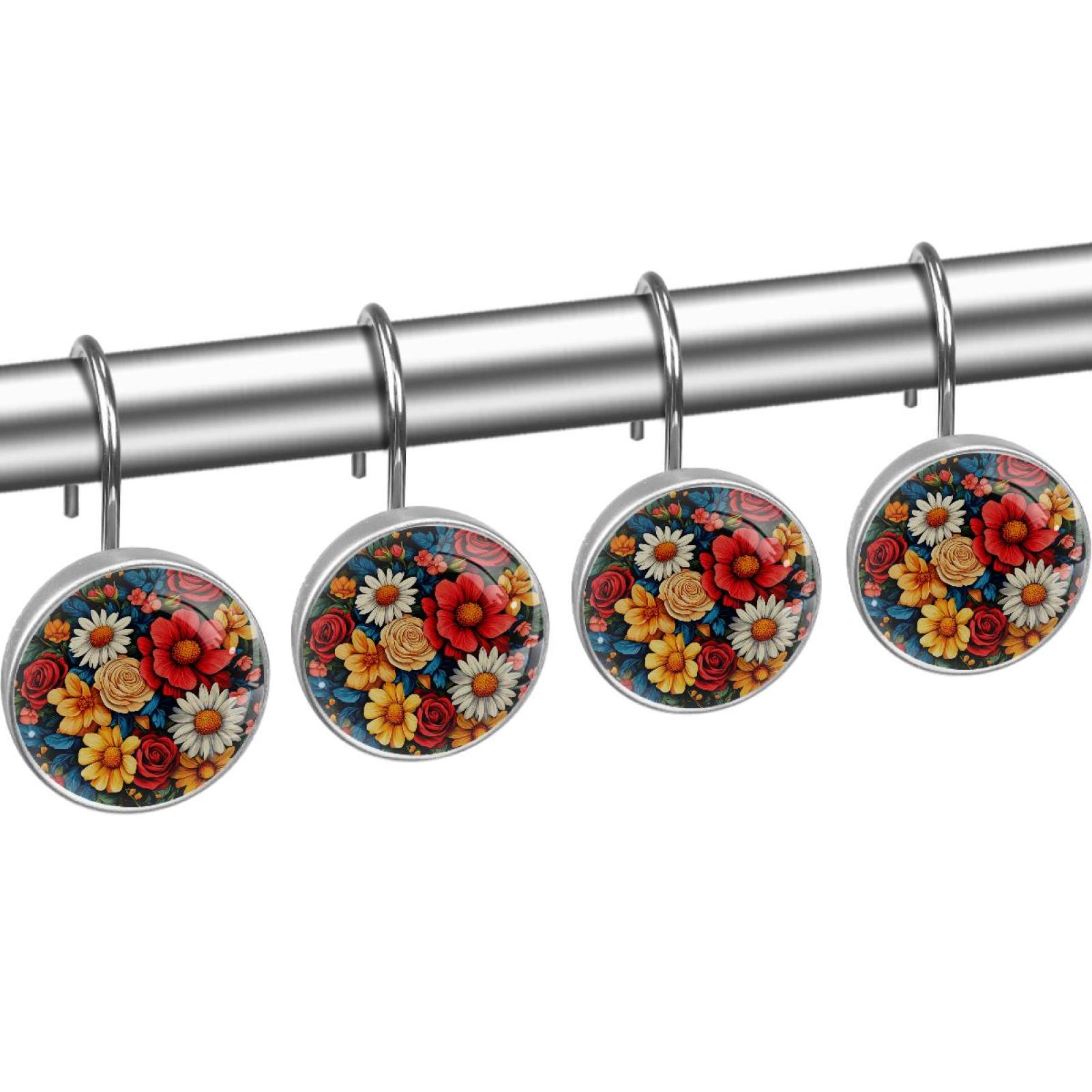 Blossom Daisy Red Roses Shower Curtain Hooks Round Crystal Glass, Set of 12 Shower Curtain Rings - Shower Hooks for Curtain Shower Rings