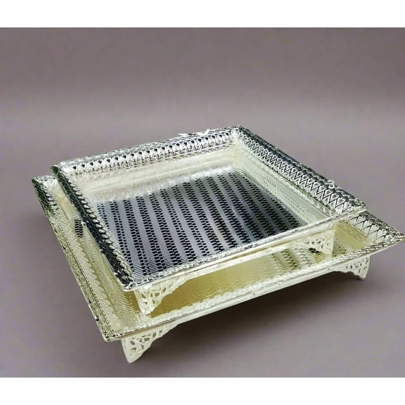 german silver set of 2 designer trays for serving/ gift item/ home décor/ pooja