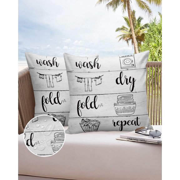Outdoor Throw Pillow Cover Laundry Room Rule on Wooden Plank Waterproof Cushion Covers 2 Pack Wash Dry Fold Repeat Pillow Cases Home Decoration for Patio Garden Couch Sofa