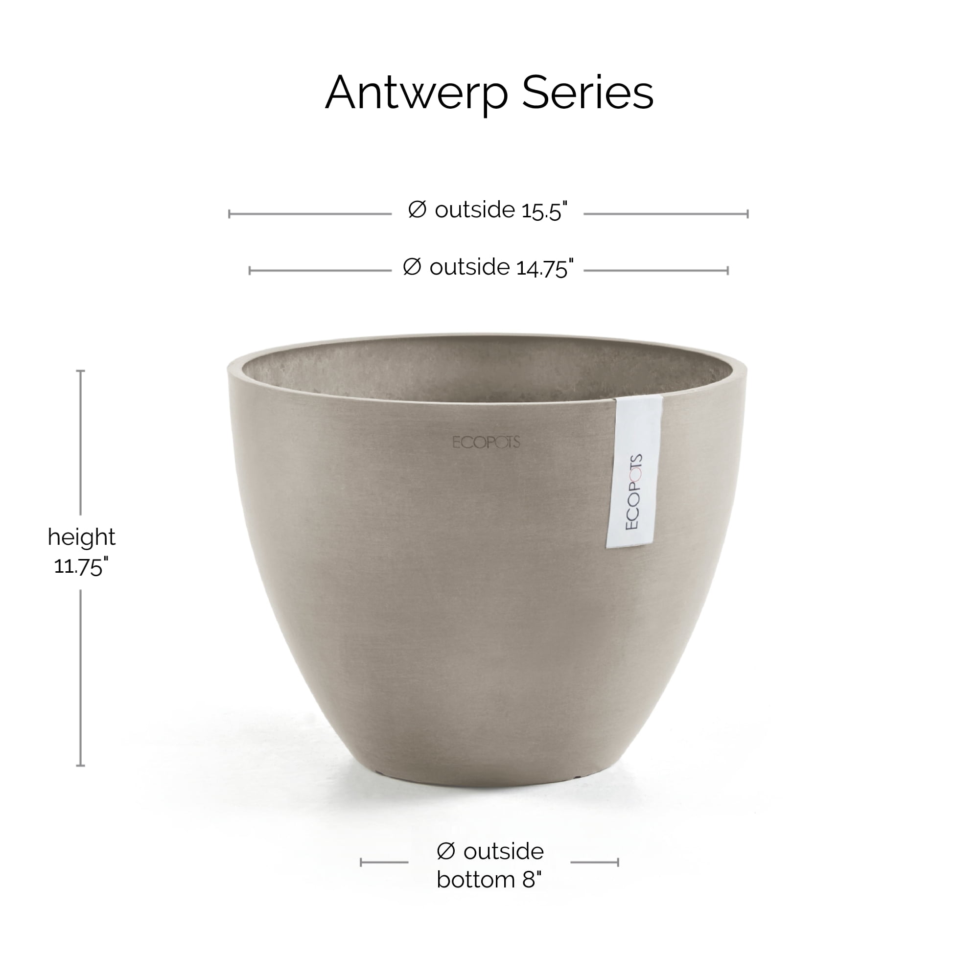 Ecopots Antwerp Durable Modern Round Indoor/Outdoor Recycled Based Composite Flower Pot Planter, Taupe, 16"
