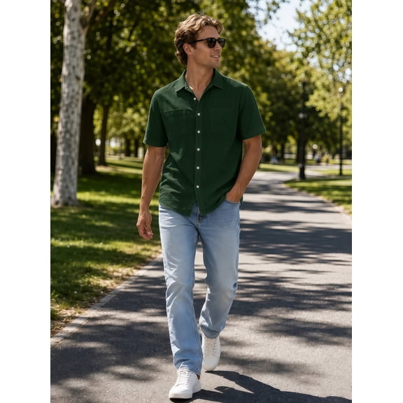 Oalirro Men's Short Sleeve Casual Button Down Shirt – Lightweight Breathable Cotton, Two Chest Pockets, Classic Collar, Solid Army Green, Regular Fit for Summer Wear