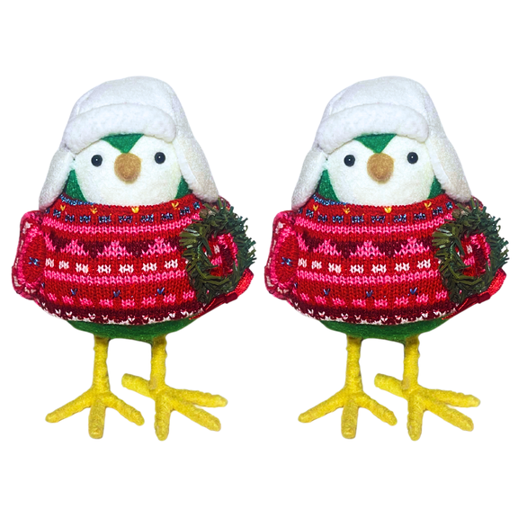 6" Holiday Fabric Birds Wearing a Bright Sweater and Hat, 2 count