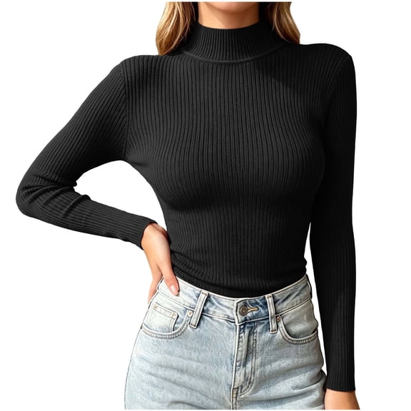 Wenini Women's Solid Color Turtleneck Ribbed Knit Sweater Slim Long Sleeve Pullover Top Trendy Base Layer Top