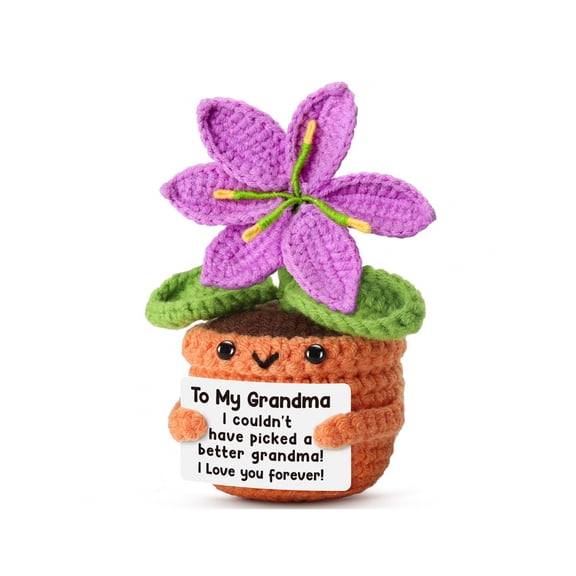 To My Grandma Mothers Day - Crochet Purple Lily Flower Plush with Card Handmade Knitted Potted Birthday Gift for Grandmother