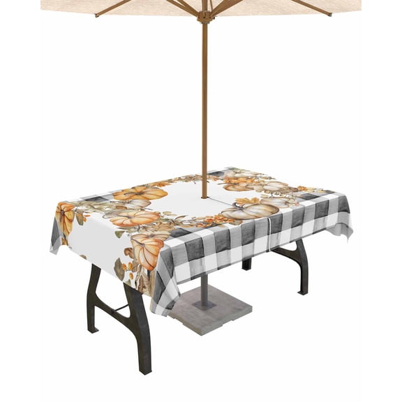 Boanket Outdoor Tablecloth with Umbrella Hole for Patio/Picnic/Party/Camping, Black Plaid Thanksgiving Waterproof Table Cloth Rectangle Table Cover Washable, Fall Pumpkins Wreath (54"x 80")