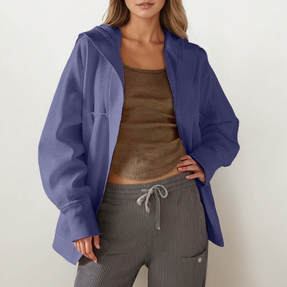 ZHOGXU Women's Hooded Coat Long Sleeve Open Front Solid Color Comfortable Loose Fit Jacket For Casual Daily Wear Blue S
