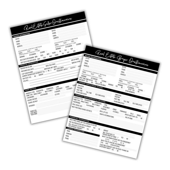 Real Estate Buyer & Seller Questionnaire Agent Form  50 pk, 25 of Each Form 8.5x11 Open House Feedback Forms Mailers Door Hangers