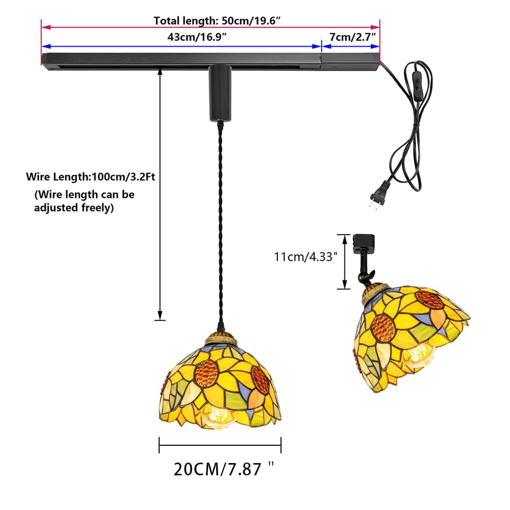 KAYYELAMP 1x Plug in Cable Track Rail, 1X Adjustable Cord, 1x Adjustable Angle Colorful Sunflowers Pattern Handmade Glass H-Type Tiffany Track Lighting Fixture for Kitchen Loft(No Bulb)