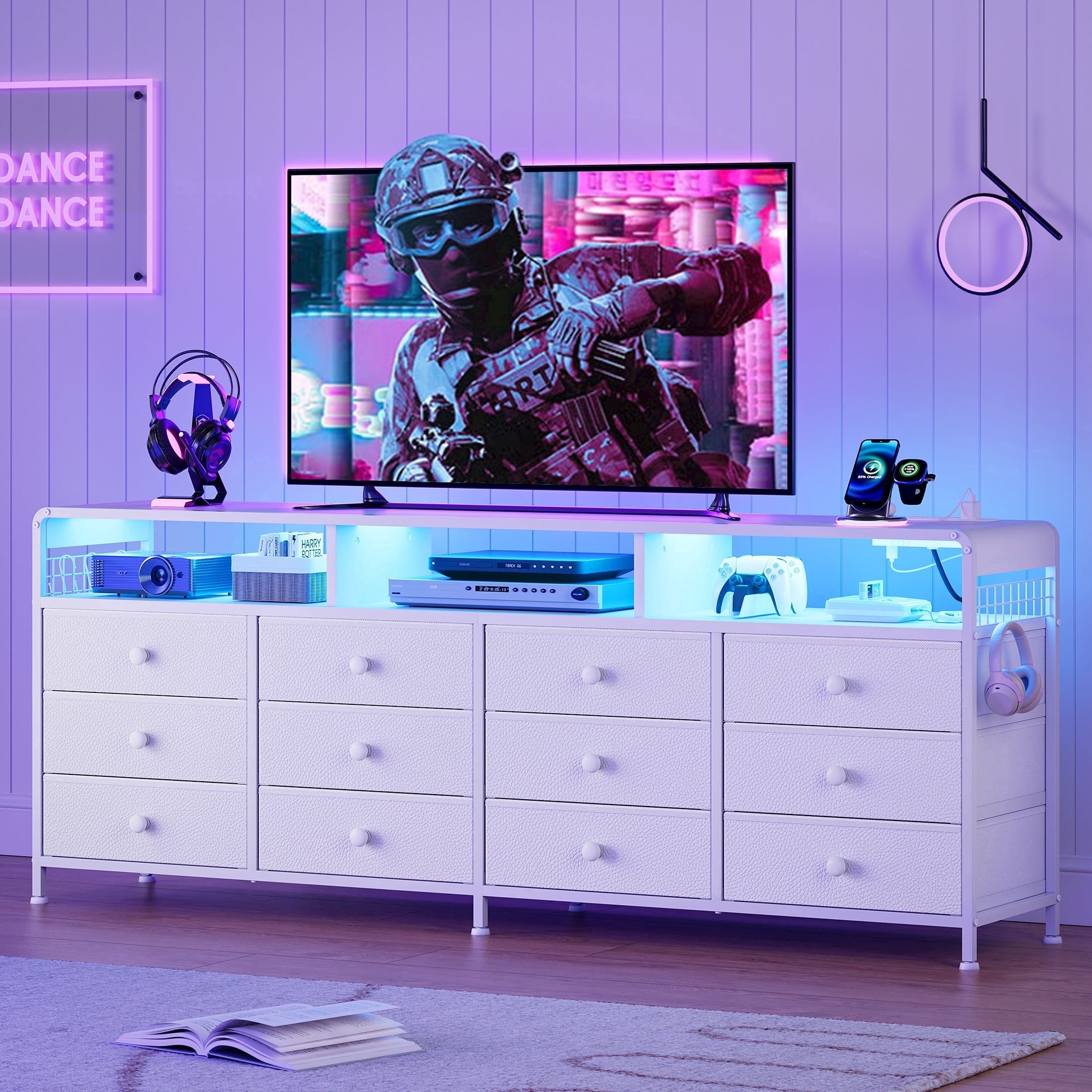 GUNAITO TV Stand for TVs up to 75", Big TV Stand with 12 Fabric Drawers and LED Lights, Entertainment Center with Storage and Shelves for Living Room, White