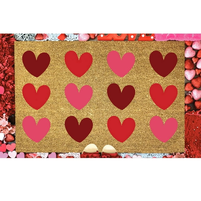 Valentine's Day Welcome Floor Mat for Holiday Decorations Non- Indoor Outdoor Polyester Entryway Rug with Heart Design