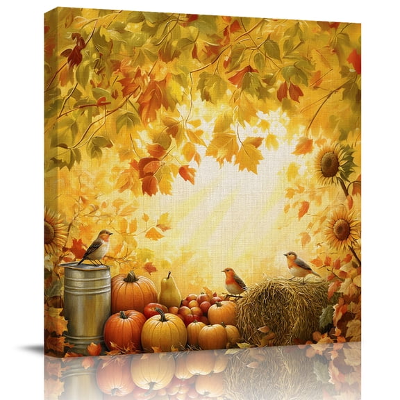 Wall Art Prints, Fall Pumpkins Framed Canvas Prints for Bedroom Living Room Bathroom Office, Thanksgiving Maple Leaf Birds Orange Gallery Wrap Wall Art Poster for Gifts Home Decor 8"x8"