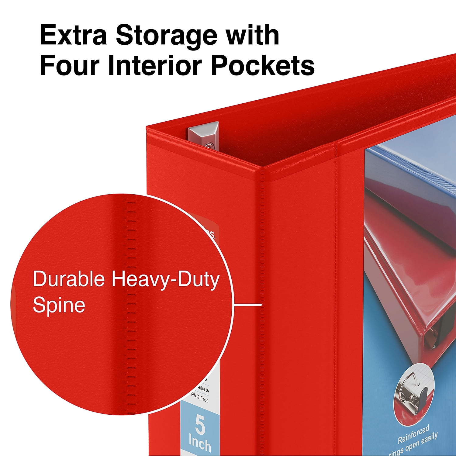 Staples Heavy Duty 5" 3-Ring View Binder with D-Rings and Four Interior Pockets Red  2/Pack