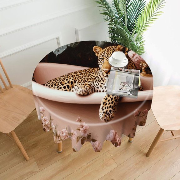 RKSupls 60 Inch Round Tablecloth, Leopard Bathtub Flowers Premium Polyester Straight Edge Wrinkle Resistant Washable Table Cover for Party Home Dining Decor