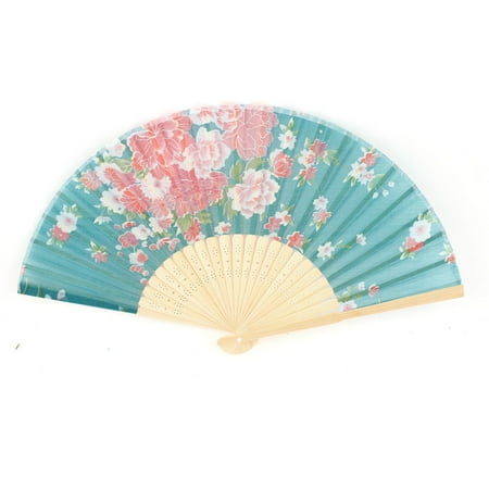 Folding Hand Fan - Chinese Style Bamboo Ribs Fabric Flower Print Folding Hand Fan Green