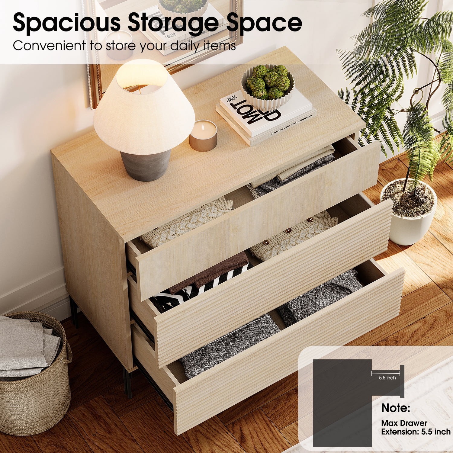 3 Drawer Dresser Set of 3 for Bedroom, Minimalist Chest of Drawers with Storage, 9 Drawer Dresser with Reeded Design, Wooden Modern Dresser for Living Room, Bedroom, Entryway