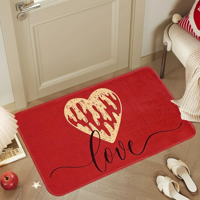 Fiudx Valentines Day Doormat Red Polyester Absorbent Non-Slip Entryway Floor Mat 15.75X23.62In Heart Design Indoor Outdoor Welcome Rug for Bathroom Kitchen Patio Porch Decor