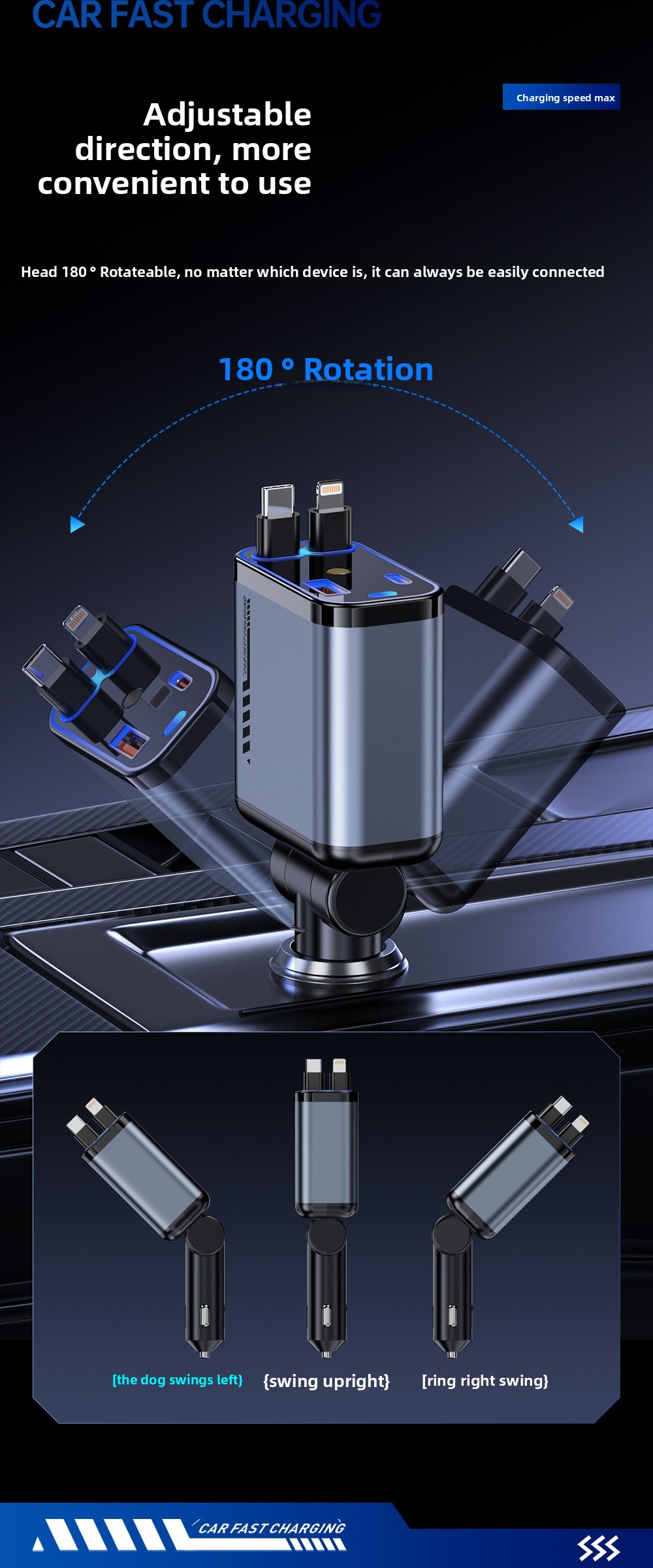 120W USB C Fast Car Charger with PD Quick Charge, 4 in 1 Retractable Cable Cigarette Lighter Car Charger, 180° Rotating Head, for iPhone and Android