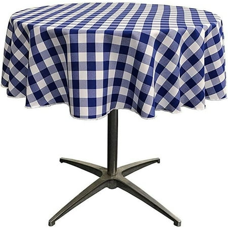 

QUIETTCEX 60 Round Polyester Gingham Plaid Checkered Tablecloth For Small 48 Round Coffee Table With 6 drop White & Royal Blue