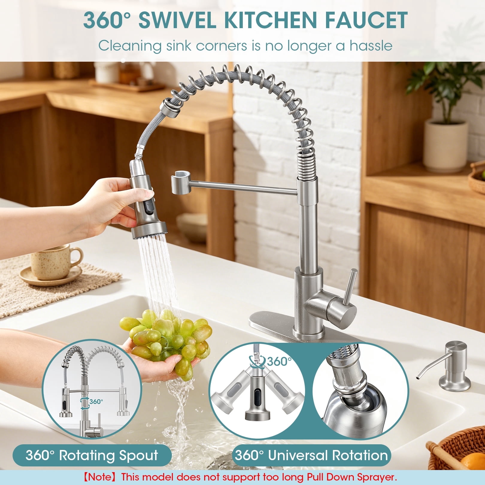 Wowkk Kitchen Sink Faucets with Pull Down Sprayer and Soap Dispenser, 304 Stainless Steel Single Handle Kitchen Faucet, 2 Water Modes with Deck Plate for Laundry Utility Camper, Brushed Nickel