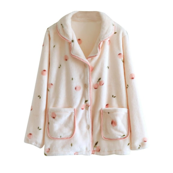 Stamzod Winter Flannel Pajama Shirts with Pocket Fashion Cute Printed Turndown Button Up Pajamas Sleepwear Casual Thicked Warm Long Sleeve Tops for Women White B M