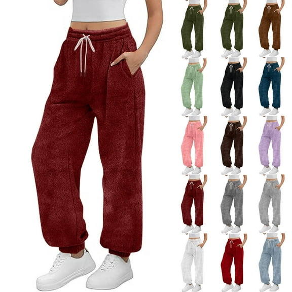 Busydd Womens Sweat Pants Warm Comfy Fuzzy Fleece Pants for Women Stretchy Drawstring Solid Color Elastic Bottom Women's Sweatpants with Pockets S