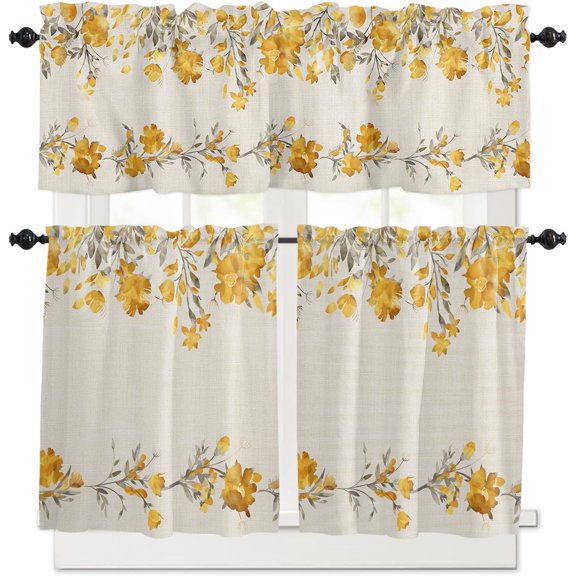 Grey Yellow Botanical Blossoms Kitchen Curtains Set, Farmhouse Valances Curtains Tier Rod Pocket Half Window Curtain 24 Inch Length, Spring Summer Floral Curtains for Living Room Bedroom