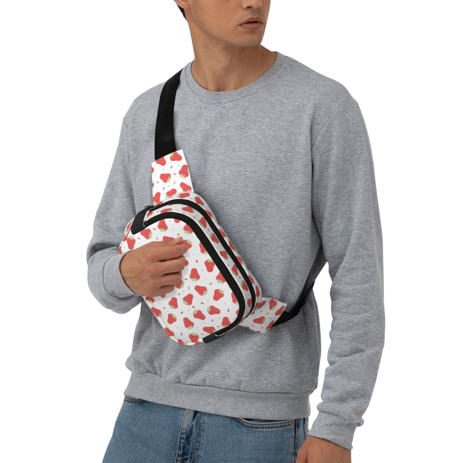 Picia Hand Drawn Strawberry Print Square Double-Layer Waist Bag Mini Adjustable Waist Belt Bag Exercise Running Travel Hiking