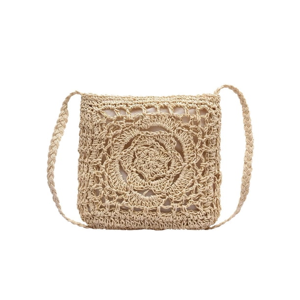 Bolso Paja Btafrte con Flores para Mujer Hombro Diario Verano Beige Gran Capacidad