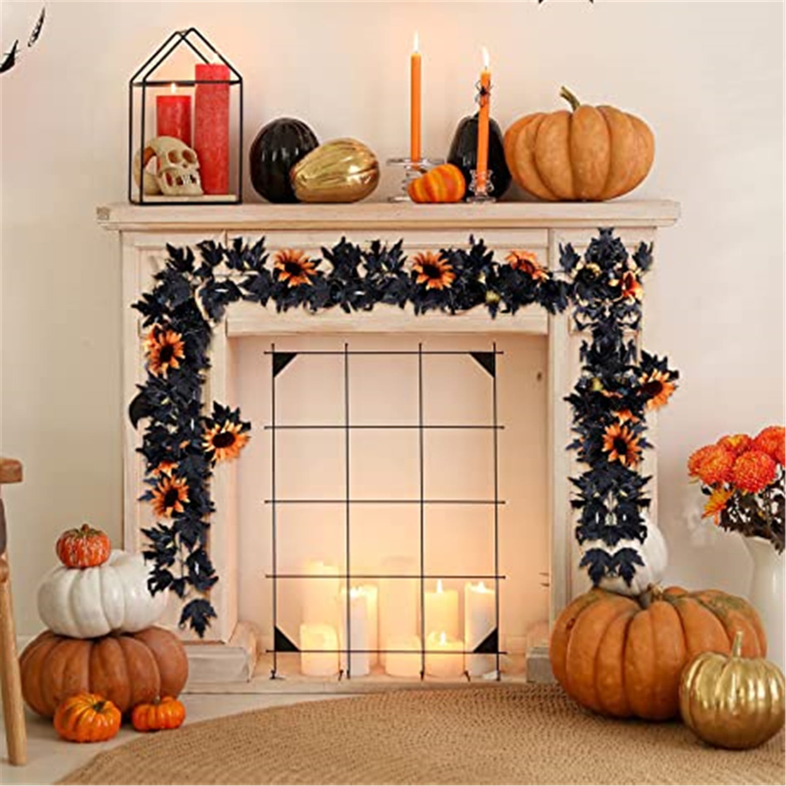 5.9Ft Autumn Leaf Garland with Led Lights Waterproof Artificial Fall Maple Vine Hanging Fall Maple Leaf Pumpkin Wreath Realistic & No Maintenance for Front Door Home Wedding Fireplace Party 