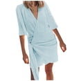 thumbnail image 1 of Vestido mediano de manga corta con cuello en V de lino para mujer: color liso, cómodo, se ajusta a la talla, para la playa o para llevar por la calle; tallas S-XXXL, 1 of 5
