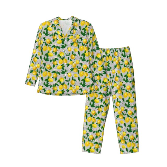 Fotbe Lemon1 Pattern Long Sleeve Pajama Set for Men,Sleepwear Set,2-piece Loungewear Set,Soft PJs Comfy Nightwear with Pockets-Small