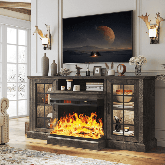 Easoger Fireplace TV Stand for TVs up to 65", 12 Flame Colors&12 LED Light Colors, TV Console with 3-Sided Glass Fireplace, for Living Room, Gray