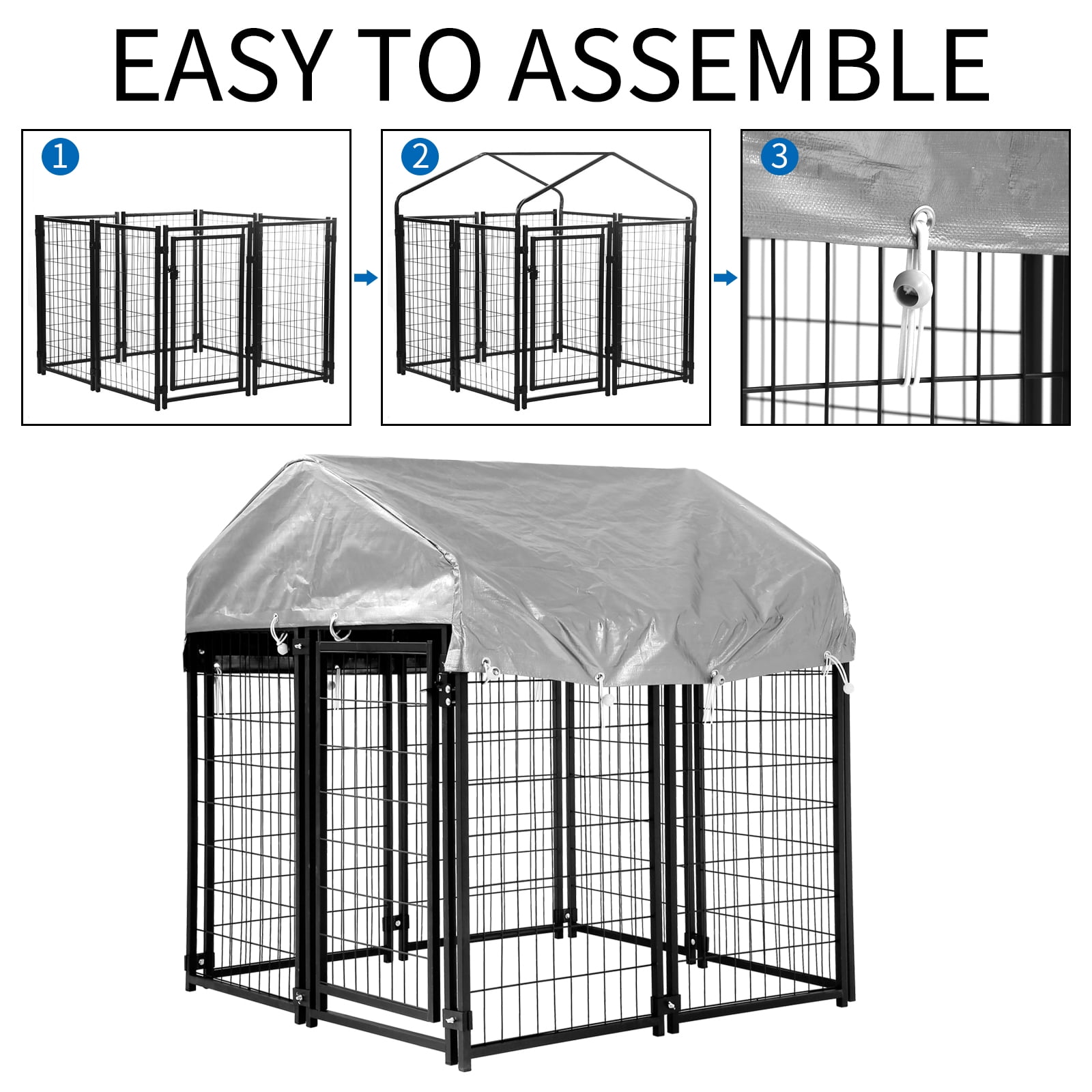 Dkelincs 4'x4'x4.4' Heavy Duty Large Dog Kennel Metal Dog Cage Crate Outdoor Pet Playpen with UV Cover, Black