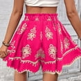 thumbnail image 5 of Women's Boho Printed Shorts High Waist Elastic Drawstring Flowy Casual Summer Outfit Loose Fit Wide Leg Lounge Beach Vacation Festival Streetwear Hot Pink S, 5 of 7