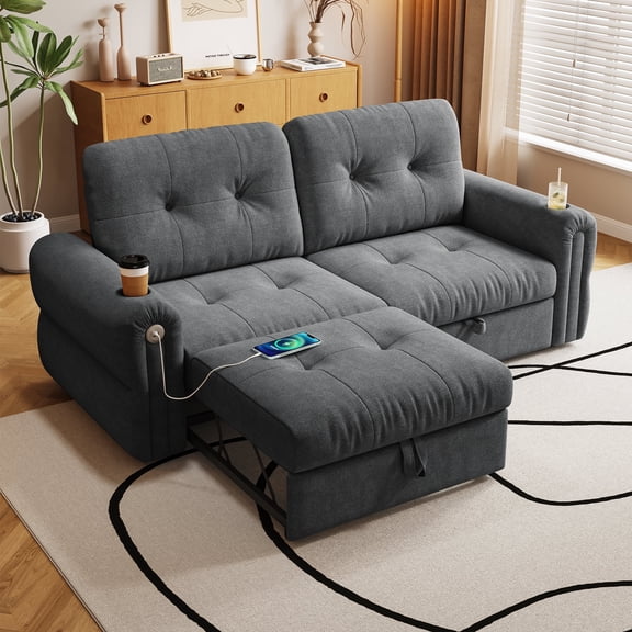 Kosynda 3 in 1 Convertible Sofa Bed with USB Charging,77"W Pull Out Couch with Cup Holders, Chenille Loveseat Sleeper Sofa for Living Room, Bedroom, Apartment, Gray