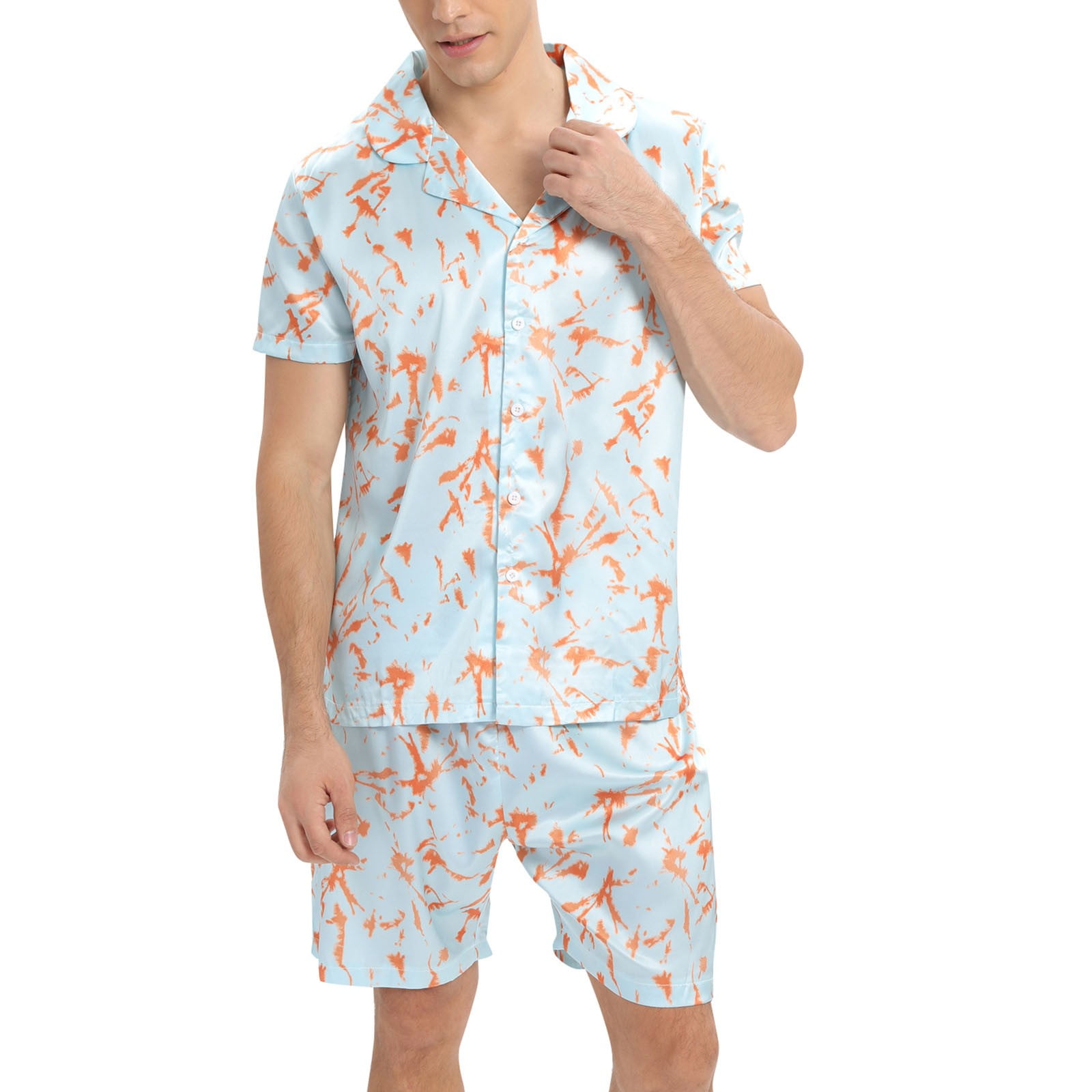 nsendm Mens Pajamas Adult Male Pajamas Slipper Gift Male Spring and Summer Flower Satin Imitation Silk Comfortable Shirt Shorts Home Service Suit Men Orange L Walmart