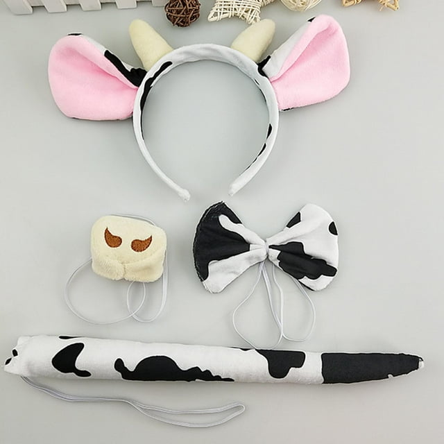4x Animal Cow Costume Set, Ears Headband Nose Bowtie Tail Headwear Hairband Decoración elástica Hair Hoop, para Carnival Dress up Cosplay Rosado BLESIY traje de cosplay