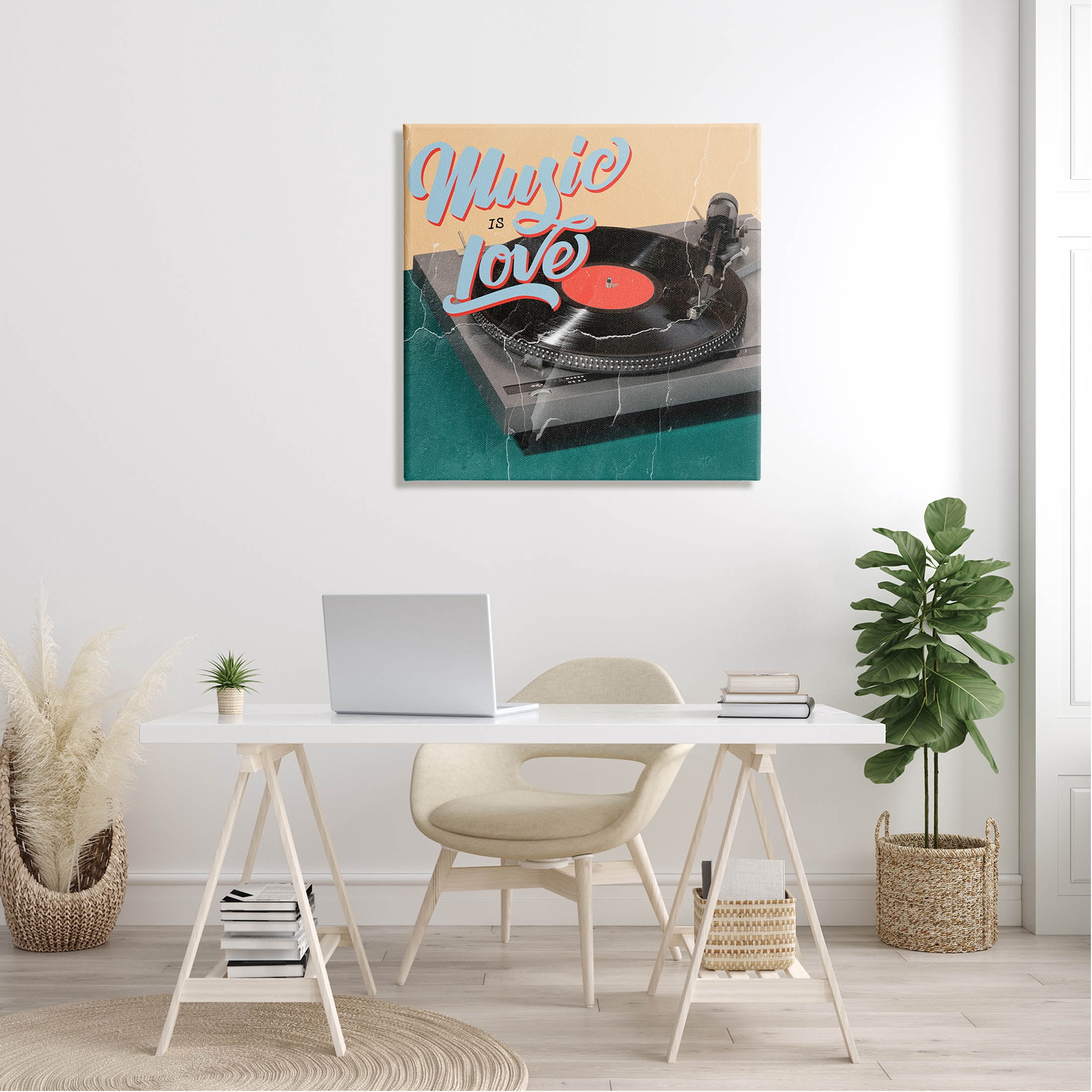 Vintage Music Is Love Turntable Inspirational Graphic Art Gallery Wrapped Canvas Print Wall Art