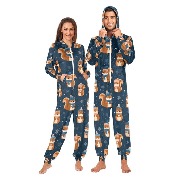 Adult Christmas Onesie Cute Winter Squirrel Zipper One-Piece Pajamas Unisex with Pockets