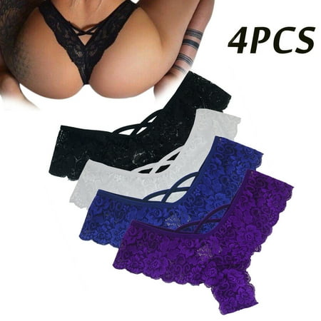 Spring Saving Clearance Tawop Black Blue Purple White Lace Thongs for Women Lace Panties 4PC Sexy Flowers Low Waist Underwear Panties G-string Lingerie Thongs